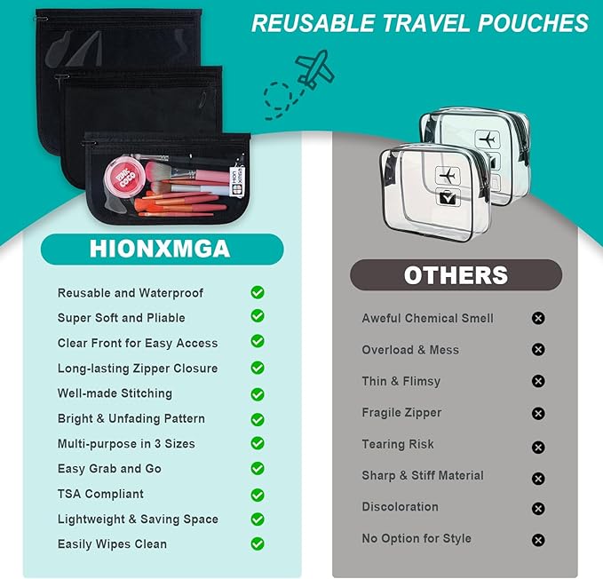 TSA Approved Toiletry Bag, Set of 3 Clear Travel Toiletry Bag Quart Size Zipper Travel Pouch, Waterproof Makeup Cosmetic Bag for Women Men Kids Toiletries Carry on, Black