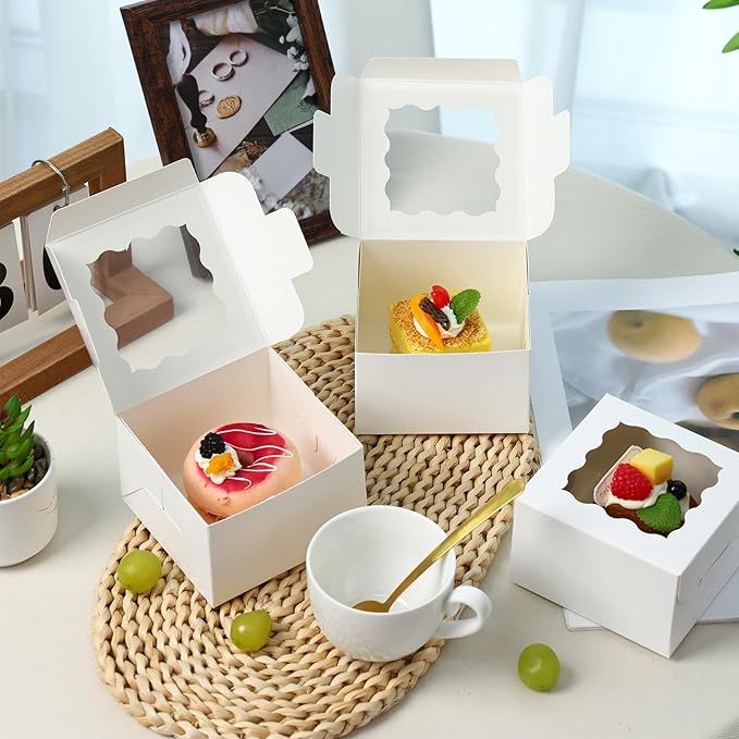 Moretoes 50pcs White Cookie Boxes with Window, 4x4x2.5 Inches Bakery Boxes with 5pcs Stickers for Small Cookies, Treats, Desserts, Chocolate Covered Strawberries, Mini Cake