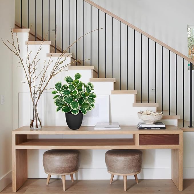 14.5" Artificial Plants Indoor Home Decor, Fake Potted Silk Plants for Shelves Living Room Decorative, Small Artificial Office Desk Plant in Pots, Faux Peperomia Hope Tropical House Plant