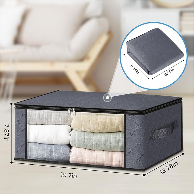 HomeHacks Storage 10-Pack Clothes Organizer Storage Bags Foldable Storage Box with Large Clear Window Sturdy Handles for Closet, Dorm, Pillows, Bedding, Clothes, Blankets, 35L, Grey