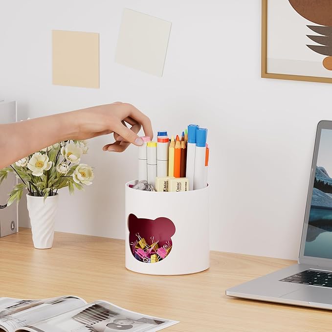 Marbrasse Desk Organizer - Cute Pen Holder & Art Supply Storage Box Caddy for Office & Classroom (White & Red Bear Head, One Size)