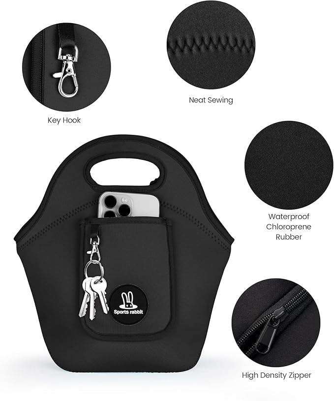Sports Rabbit Insulated Neoprene Lunch Bag for Women – Foldable Lunch Tote with Front Pocket for Phone & Keys – Reusable, Lightweight, Waterproof, Easy Clean – Ideal for Work, Travel, Picnic (black)