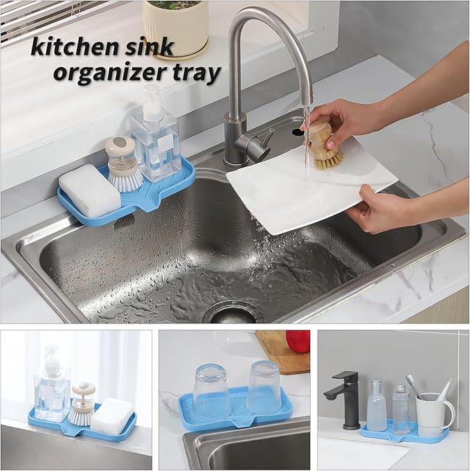 Silicone Bathroom Soap Dishes with Drain Spout-Bathroom and Kitchen Sink Organizer,Sponge Holder,Dish Soap Tray,Perfect for Dispenser,Scrubber,Bottle on Sink or Counter-Light Blue 9.6"×5.3"