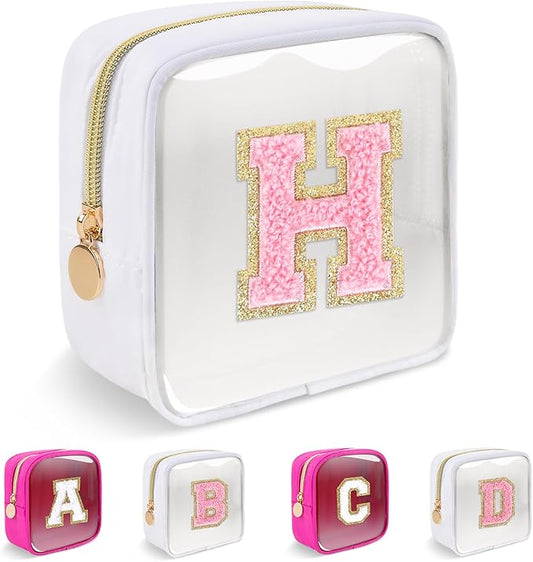 Personalized Initial Letter Clear Preppy Makeup Bag,Mini Nylon Chenille Letter Cosmetic Bag Cute Zipper Pouch Purse for Teen Girls,Portable TSA Approved Beach Travel Essentials Bag Gift for Women,H