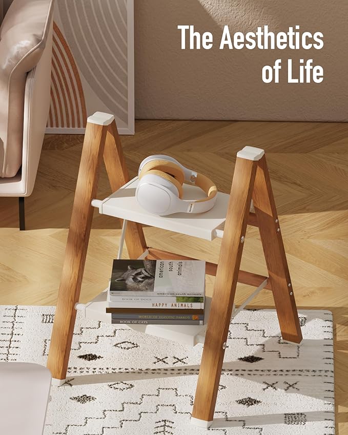 2-Step Aluminum Ladder,Lightweight Folding Step Stool with Extra-Wide Anti-Slip Steps,330 lbs Capacity,Compact Space-Saving Design for Home,Kitchen and Office（White&Woodgrain）