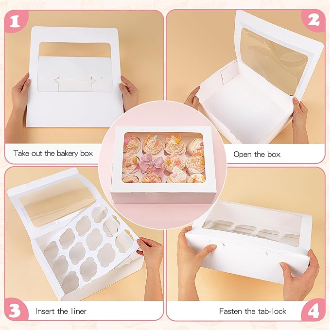 Moretoes 7 Pack Auto-popup Cupcake Boxes,12 Cupcake Containers, Bakery Carrier Boxes with Windows and Inserts for Grad Party Dessert Packaging (White)