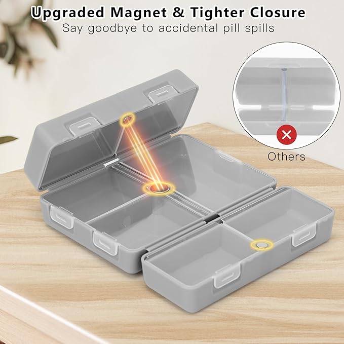 FYY Daily Pill Organizer, 7 Compartments Portable Pill Case Travel Pill Organizer,[Folding Design] Pill Box for Purse Pocket to Hold Vitamins,Cod Liver Oil,Supplements and Medication-Grey