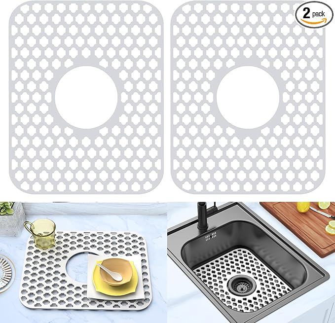 BEHOK Silicone Sink Protector for Kitchen Bathroom Sink, 2 Pack 13.58"x 11.6" Heat-resistant Mat, Non-Slip and Durable Silicone Protectors, Center Drain (White)
