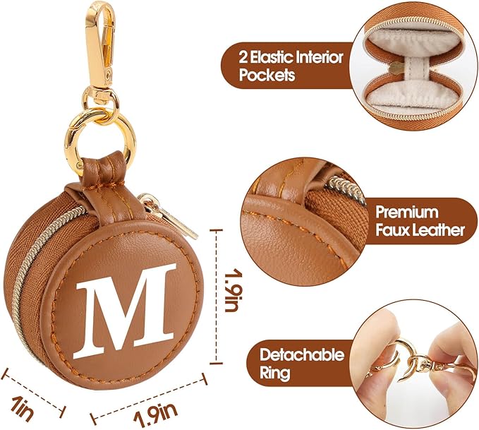 Mini Initial Travel Jewelry Case Ring Holder, Brown Faux Leather Small Jewelry Organizer Box Gifts for Women Girls Nurse Teacher, Gym Travel Accessories Keychain Pouch for Earrings Rings Necklace M