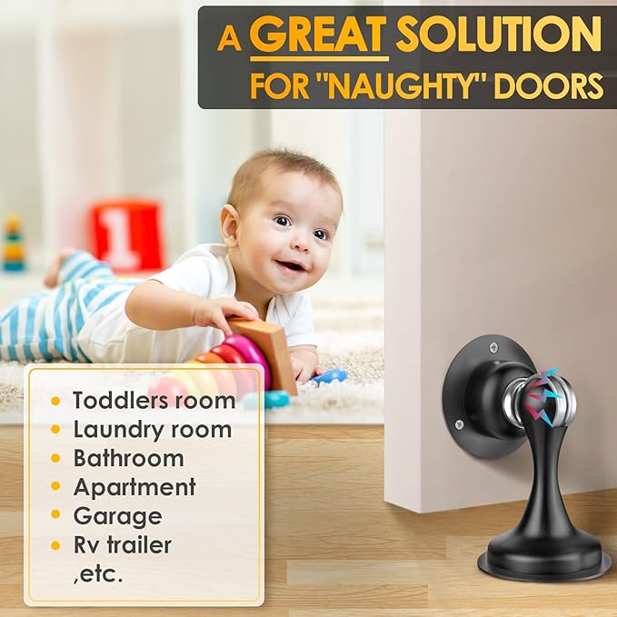 Door Stoppers Magnetic Door Catch - Stainless Steel Heavy Duty Door Holder Stops for Bottom Top of Door - Wall Floor Mounting No Drill 3D Adhesive & Screws Strong Magnet Keep Door Open 6 Pack