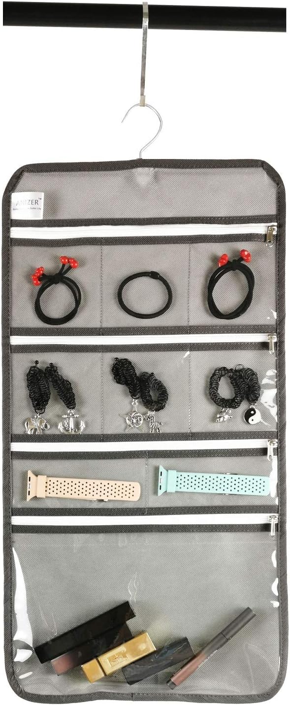 Travel Foldable Jewelry Rolls Bag Hanging Jewelry Organizer with 9 Zippered Clear Pockets Storage Pouch with Rotatable Hanger (GREY)