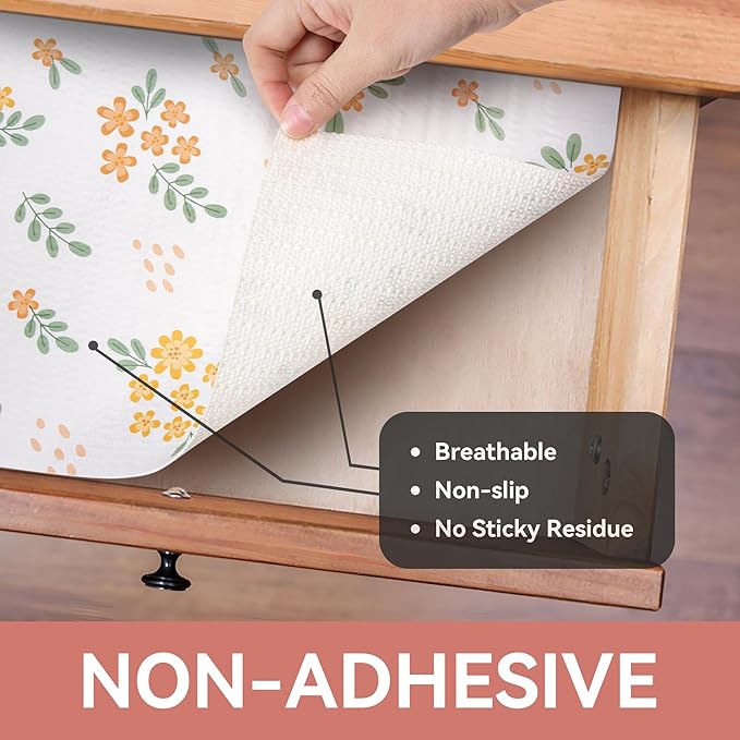 RAY STAR Shelf Liner, 18 Inch x 24 Feet Non-Adhesive Orange Floral Kitchen Cabinet Liner for Pantry Drawer Vanity, Strong Grip Non-Slip Waterproof, Shelf Liners for Kitchen Cabinets Cupboard