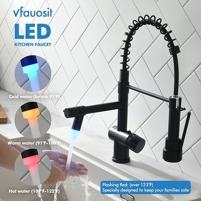 VFAUOSIT Matte Black Kitchen Faucet with LED Light – Commercial Spring Pull Down Dual Outlet, 360° Swivel Lower Spout + High Pressure Sprayer, Stainless Steel for RV Camper Laundry Sink