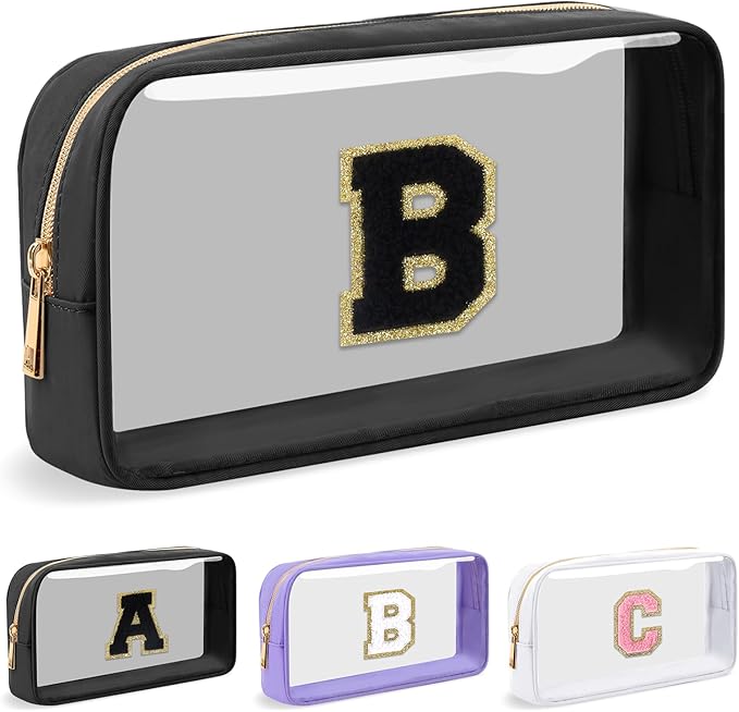 Personalized Initial Letter Clear Makeup Bag, Preppy Small Nylon & PVC Cosmetic Zipper Bag with Chenille Letter, Travel Skincare Toiletry Bag, Monogram Christmas Gift for Teen Girls Women, B