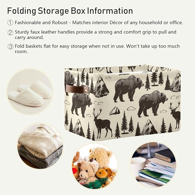 Aslsiy Storage Basket Vintage Deer Bear Moose Nursery Bins National Park Baby Box Canvas Clothes Shelf Basket Laundry Hamper for Home Closet 1 Pcs