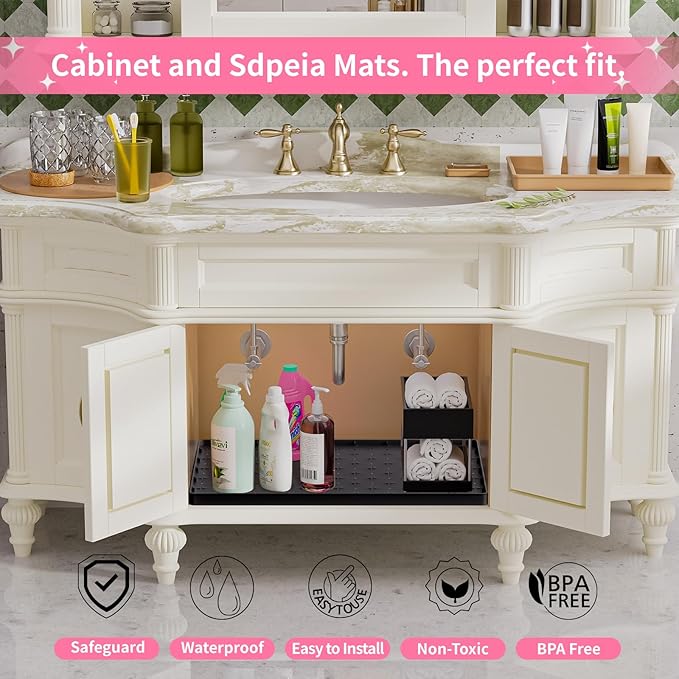 Sdpeia Under Sink Mat 22"×19" Waterproof Silicone Cabinet Liner & Sink Protector for Kitchen & Bathroom, Multi-Purpose Organizers Tray for Pets, Laundry, Cat Litter Mat, Black