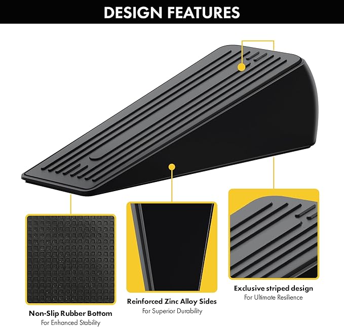 Premium Black Zinc Alloy Heavy Duty Door Stopper Wedge, 1.2" Door Clearance, Anti-Skid, Heavy Duty Door Stoppers for Bottom of Door with Superior Grip for All Floor Types, Weighted Door Stop, 2 Pack