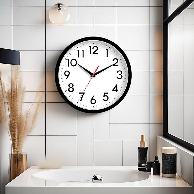 14 Inch Wall Clock, Large, Battery Operated, Silent, Non-Ticking, Analog, Decorative for Living Room, Office, Kitchen, Outdoor, Classroom, Bedroom, Bathroom, School (Black)