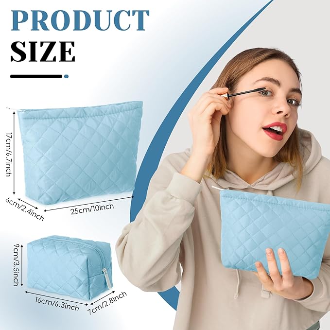 2 Pcs Pencil Case Quilted Makeup Bag Aesthetic Cosmetic Pouch for Women Puffer Travel Toiletry Bag Set Cotton Small Purse Pouch Makeup Organizer with Zipper(Blue)