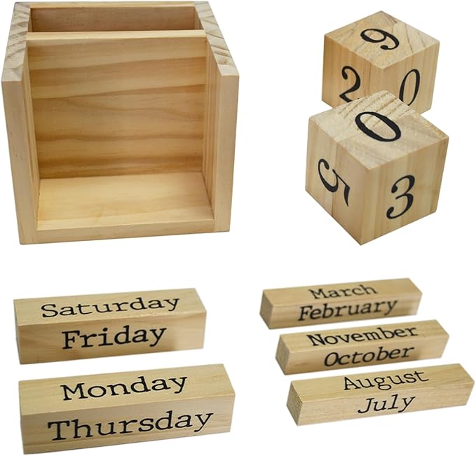 Wooden Blocks Perpetual Calendar with Pen Holder - Natural Pine Wood Home Office Desk Organizer -Reusable Date Week Month Accessories Tabletop Ornament