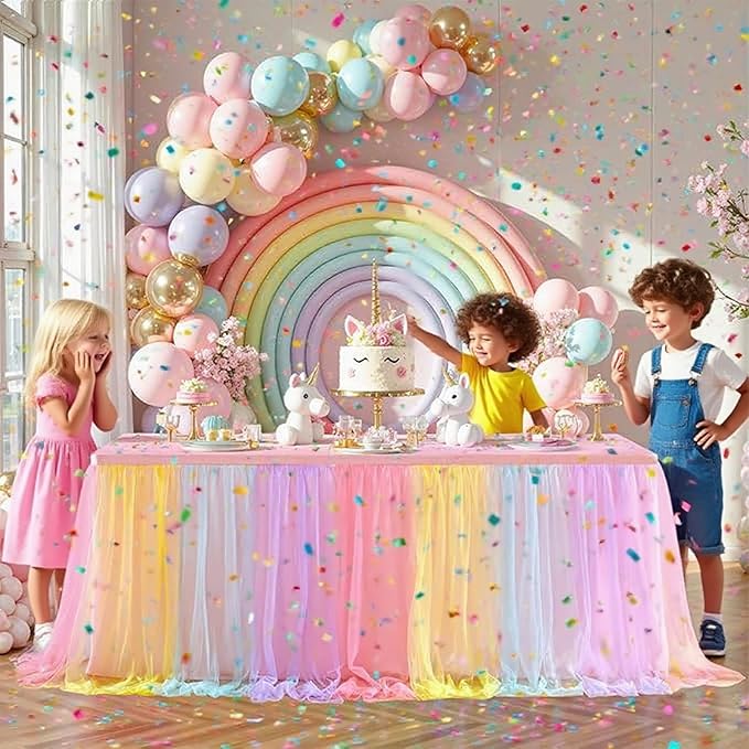 Tulle Table Skirt 3 Layer 6ft 9ft with Polyester Lining Reusable Washable Tutu Tablecloth for Wedding Party Birthday Banquet Holiday Decoration (Multicolor, 6Feet)