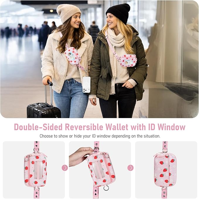 Clip and Go Strap for Phone with Wallet Crossbody Phone Lanyard and Detachable Checkered Bag with ID Window and RFID Pouch for Daily Travel. Strawberry