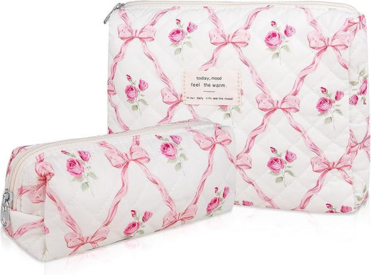 2PC Makeup Bag Set, Cute Cosmetic Bag for Women Girls, Floral Coquette Aesthetic Toiletry Bag, Travel Make Up Organizer Bag (Pink bow)