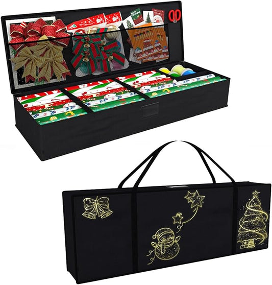 Safana Wrapping Paper Organizer Storage Bag, 42" Durable 600d Oxford Christmas Gift Wrapping Organizer Box Under Bed Containers for Decorations Paper Rolls, Ribbons, Balls, Bows (Golden Snowman)