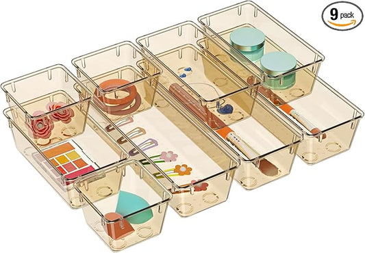 WOWBOX 9 Pack Clear Drawer Organizer Set, Acrylic Drawer Storage Trays, Storage Bins for Makeup, Cosmetics, Jewelries, Utensils, Gadgets, Office, Champagne