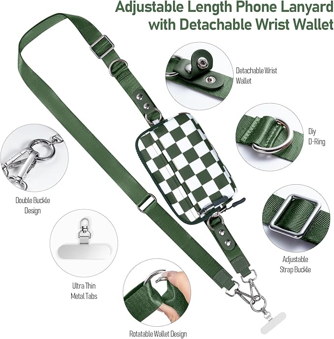 Clip and Go Strap for Phone with Wallet Crossbody Phone Lanyard and Detachable Checkered Bag with ID Window and RFID Pouch for Daily Travel.