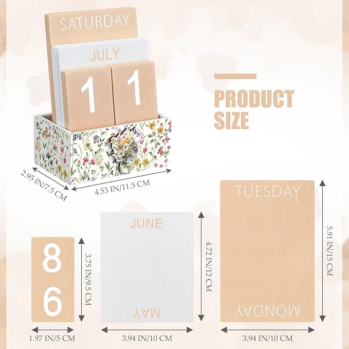 Wildflower Wood Block Perpetual Calendar Coquettish Farmhouse Desk Decor Cute Watercolor Wildflower Month Week Date Display Decorative Block Calendar Office Home Desk Gift for Women