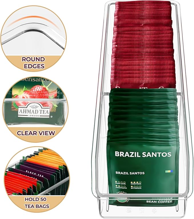 Tea Bag Organizer, Holder Box Storage Bin, Clear Tea Packet Plastic Drawer, Sugar Packet, Coffee, Condiment, Spice Bag Holder for Kitchen Cabinet, Countertop, Fridge - 2Pack