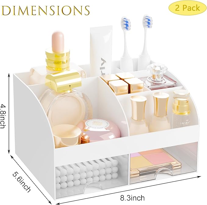 Makeup Organizer with 2 Drawers, Cosmetic Storage for Dresser Vanity and Bathroom Countertop, Make-up Organization and Skincare Storage with Beauty Brush Holder, Cosmetic Display Case, 2-Piece Set, White