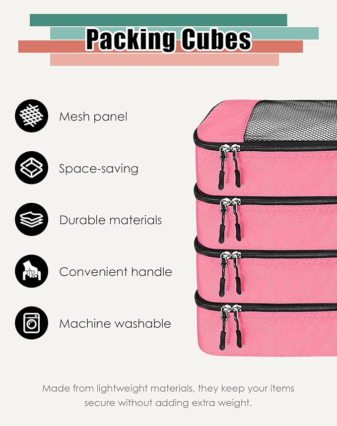 4-Piece Packing Cubes Travel Accessories Set for Suitcases - Luggage Organizer Bags with Double Zipper - Mesh Top - Small - Pink