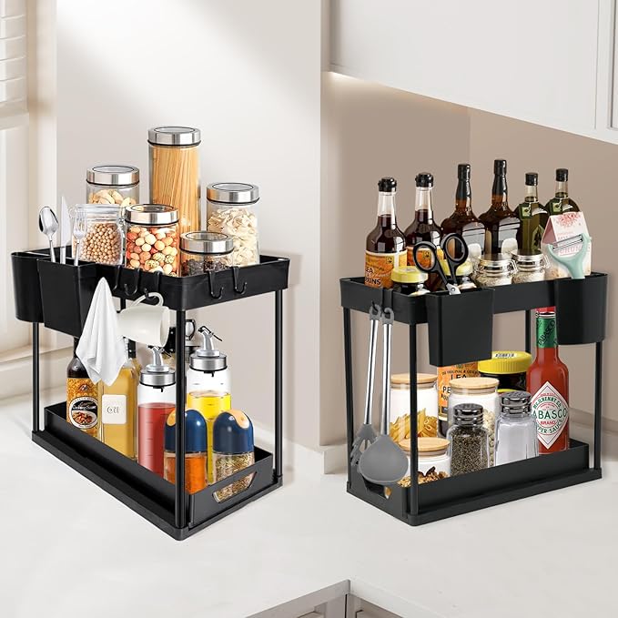 2-Pack Under Sink Organizer – 2-Tier Sliding Storage Rack for Bathroom & Kitchen, Pull-Out Under Cabinet Organizer for Bathroom Organizers and Storage (Black)