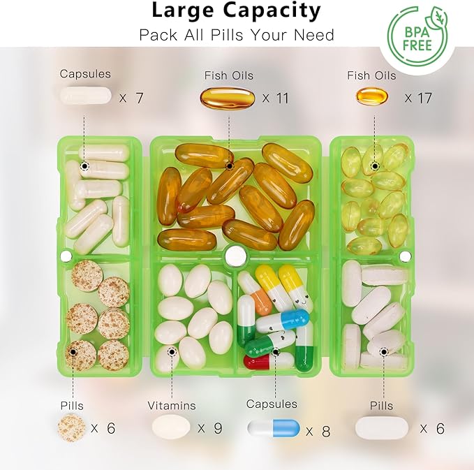 FYY Daily Pill Organizer, 7 Compartments Portable Pill Case Travel Pill Organizer,[Folding Design] Pill Box for Purse Pocket to Hold Vitamins,Cod Liver Oil,Supplements and Medication-Clear Green