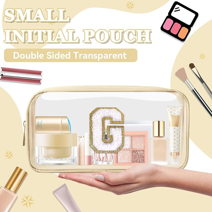 Small Clear Personalized Initial Makeup Bag,Nylon Preppy A-Z Chenille Letter Patch Cosmetic Pouch Beach Toiletry Bag,Waterproof Zipper Travel Purse Storage Bag Organizer for Women Girls(Beige-White G)