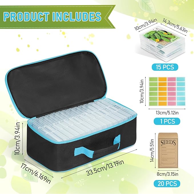 FACULX 15 Slots Seed Storage Organizer Box with 20 Seed Envelopes, Large Capacity Seeds Storage Container with Zipper Bag Label Stickers, Seeds Saving Container for Garden Vegetable and Flower (Blue)