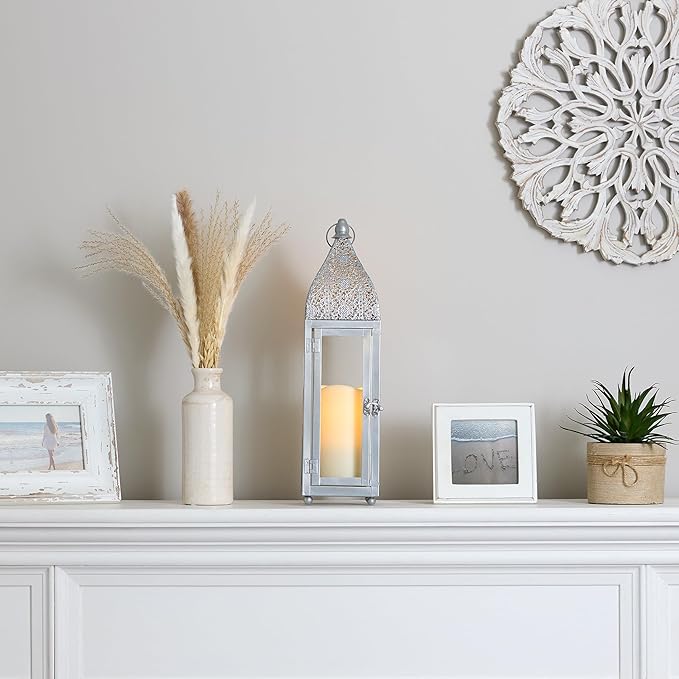 Zingz & Thingz Moroccan Style Candle Lantern Holder, Decorative Light Home Decor, Indoor & Outdoor, 15.25" Tall, Silver