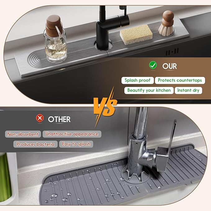 Faucet Mat for Kitchen Sink, Diatomite Quick Drying Tray, Long 23.6'' Kitchen Sink Splash Guard and Bathroom Stone Tray for Counter. Super Absorbent. Light Grey.