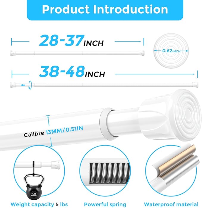 AIZESI 2 Pack Tension Rods for Windows 28 to 48 inch, Adjustable Short Curtain Rods No Drilling Small Tension Rods for Windows Door Kitchen Curtain, White