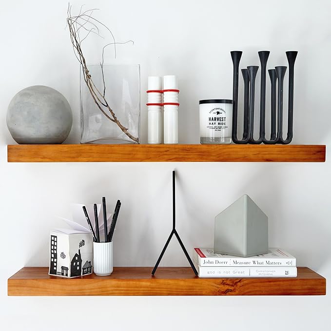 Homeforia Oak Floating Shelves 30 inch Long, High-End Solid Real Wood 30-inch Floating Shelf for Wall Mounted, Honey Oak Wooden 30-inch Floating Shelves, Heavy Duty Bracket, 30 X 6.5 X 1.75 in, Set of 2