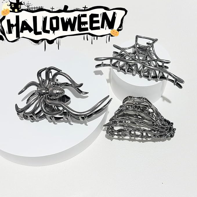 3 Pieces Large Metal Spider Net Hand Hair Claw Clips for Women and Girls Thick Long Hair, Nonslip Skeleton Spooky Barrette Headband Hair Styling Accessories for Halloween Christmas Gifts
