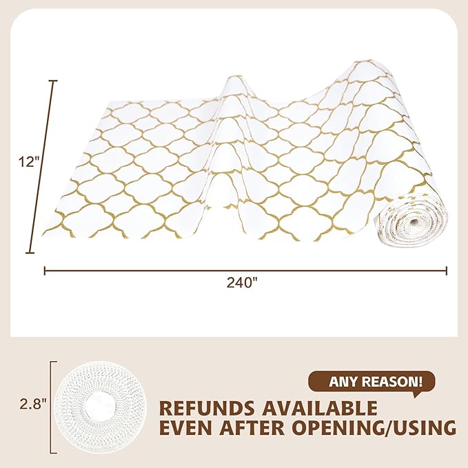 Shelf Liners for Kitchen Cabinets 12in x 20FT Non Adhesive Drawer Liner Gold Quatrefoil Thickened Shelf Liner Paper Strong Non-Slip Easy to Clean for Tool Box Refrigerator with Knife and Tape Measure