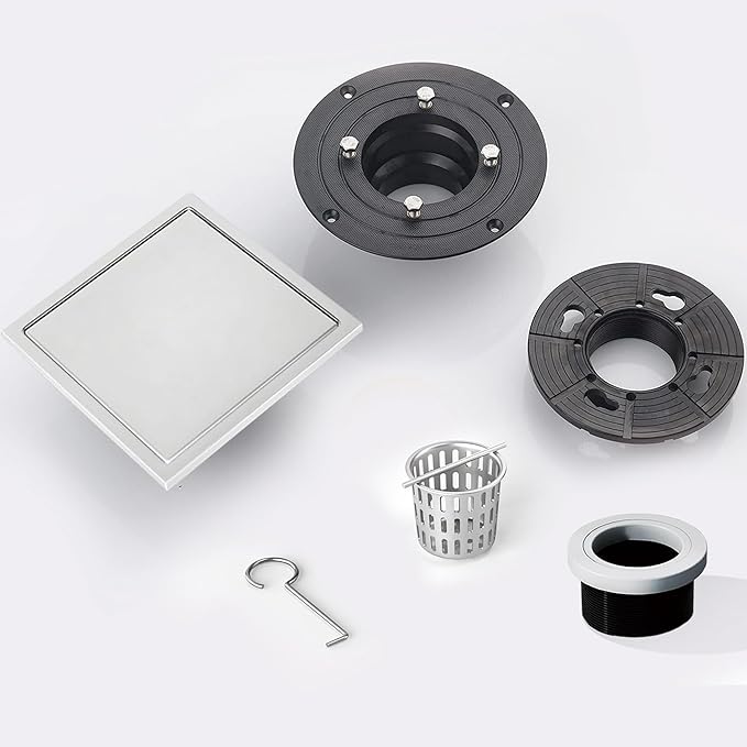 4 Inch Square Shower Floor Drain, Shower Drain Kit with Flange and 2 in 1 Tile-Insert Cover, Square Shower Drain, SUS 304 Stainless Steel Floor Drain,Silver