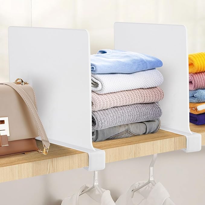 JOY DECOR 12 Pack Acrylic White Shelf Dividers for Closets Organizer and Storage Adjustable Vertical Wood Shelf Closet Separators for Clothes, Book, Bags in Bedroom and Kitchen