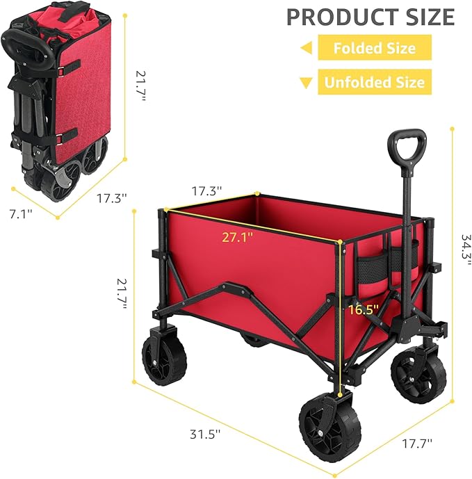 Wine Red Collapsible Wagon with Wheels, Portable Wagons Carts Foldable, Folding Wagon Cart for Groceries, Sports Garden Shopping Utility Wagon
