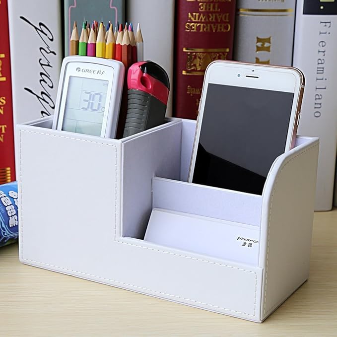KINGFOM Desk Organizer Office Supplies Caddy Pu Leather Multi-function Storage Box Pen/Pencil,Cell phone, Business Name Cards Remote Control Holder White