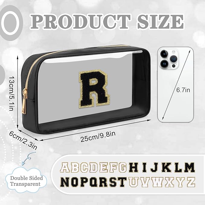 Small Clear Personalized Initial Makeup Bag,Nylon Preppy A-Z Chenille Letter Patch Cosmetic Pouch Beach Toiletry Bag,Waterproof Zipper Travel Purse Storage Bag Organizer for Women Girls(Black-Black R)
