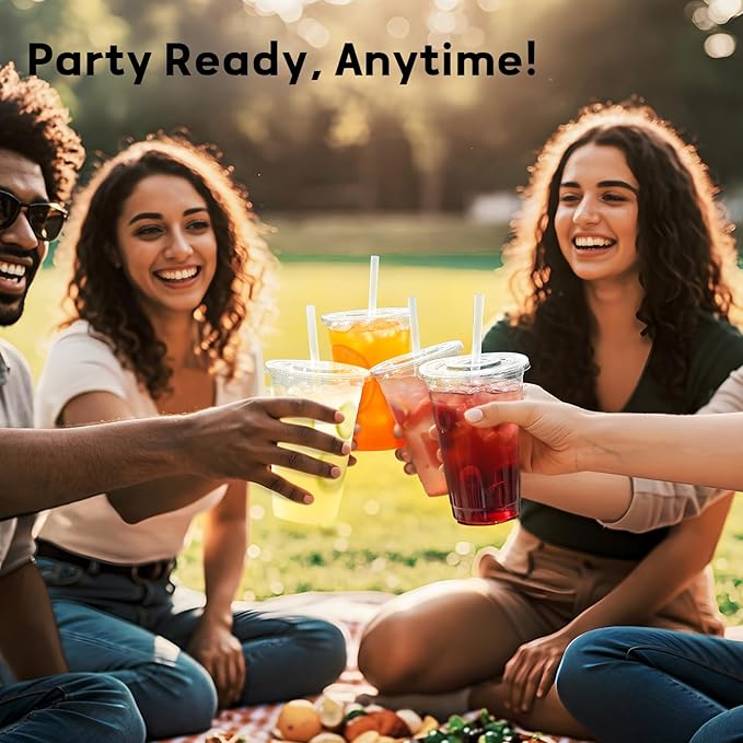 AOZITA 16 oz Plastic Cups with Lids and Straws, 50 Pack, Disposable Iced Coffee Cups with Lids, Clear Cups with Lids for Cold Drinks, Iced Tea, Milkshakes, Smoothies - Durable & BPA Free